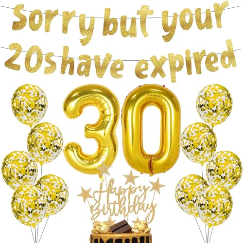 30 Geburtstag Dekorationen, Gold Glitzer Sorry But Your 20s Have Expired Banner Nummer 30 Mylar Ballons Gold Konfetti Ballons Gold Glänzend Happy Birthday Cake Topper für Geburtstagsfeier 30 Jahrestag von SEWIRUY