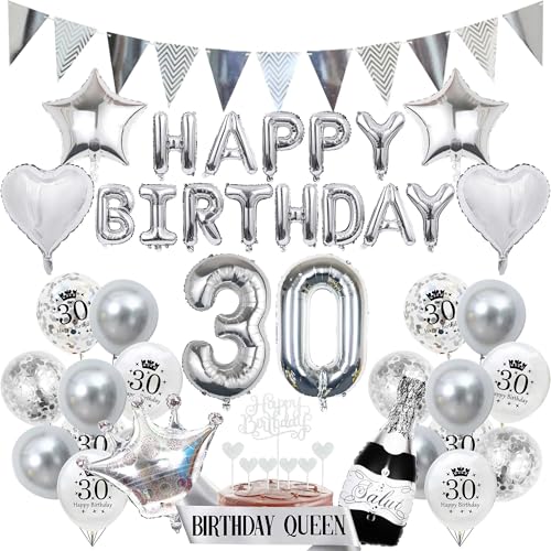 30 Geburtstag Dekorationen, Silber Happy Birthday Luftballons Banner Dreieck Wimpelkette Girlande Nummer 30 Luftballons Champagner Folienballons Krone Ballons Konfetti Ballons für Männer Frauen von SEWIRUY