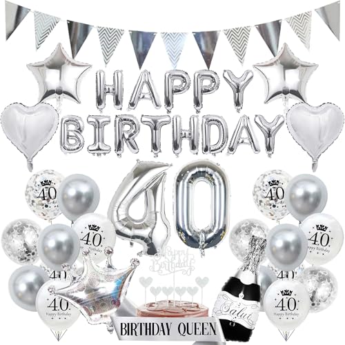 40 Geburtstag Dekorationen, Silber Happy Birthday Luftballons Banner Dreieck Wimpelkette Girlande Zahl 40 Luftballons Champagner Folienballons Krone Ballons Konfetti Ballons für Männer Frauen von SEWIRUY