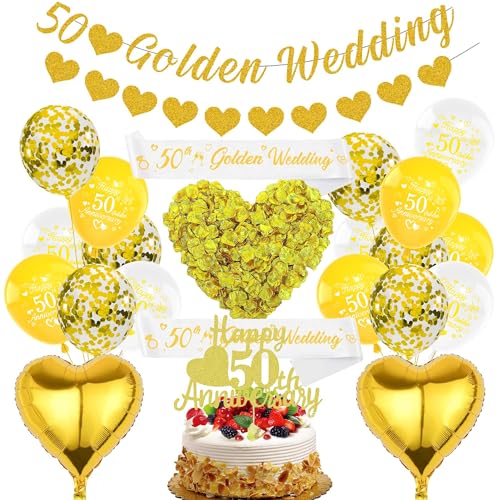 Dekorationen zum 50. Hochzeitstag, 50. Goldene Hochzeit, 50 goldene Hochzeitsbanner, Luftballons zum 50. Hochzeitstag, goldweiße Luftballons, Herzballons, 50 goldene Hochzeitstortenaufsätze von SEWIRUY