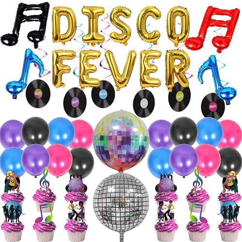 Disco-Dekorationen, goldene Disco-Fieber-Luftballons, Banner, Disco-Folienballons, Vinyl-Schallplatten, hängende Wirbel, Cupcake-Topper, bunte Luftballons für 80er-/90er-Jahre-Musik-Tanz-Party, von SEWIRUY