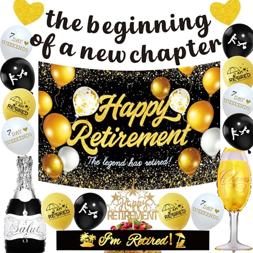 Goldene Party-Dekorationen mit Aufschrift "Happy Retirement", 18 Stück, Partydekoration mit Aufschrift "The Beginning of a New Chapter", Banner, Hintergrund mit Aufschrift "I'm Retide", von SEWIRUY