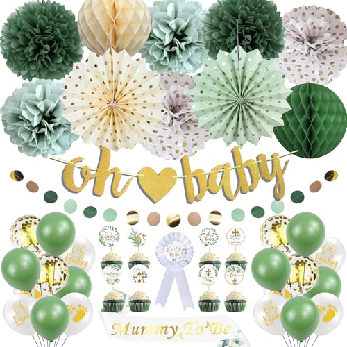 Grüne Babyparty-Party-Dekorationen – 42 Stück Geschlechtsoffenbarung Dekoration inklusive Gold Oh Baby Banner Salbeigrün Creme Papier Pom Poms Papier Kreis Punkte Girlande für neutrale Babyparty Party von SEWIRUY