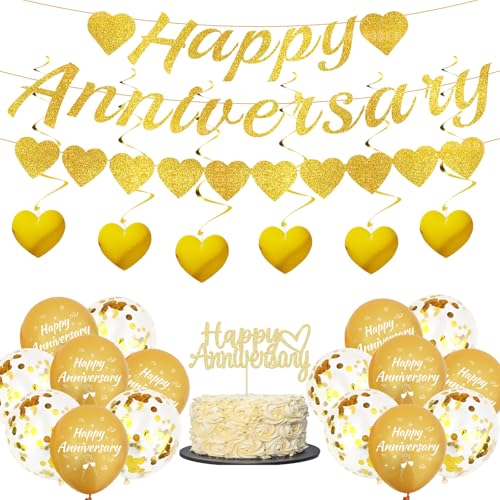 Happy Anniversary Dekorationen Hochzeit Luftballons – 19 Stück Goldene Hochzeit Jubiläum Dekorationen einschließlich Kuchen Topper Banner Herz hängende Gold Konfetti Latex Ballons für Valentinstag von SEWIRUY