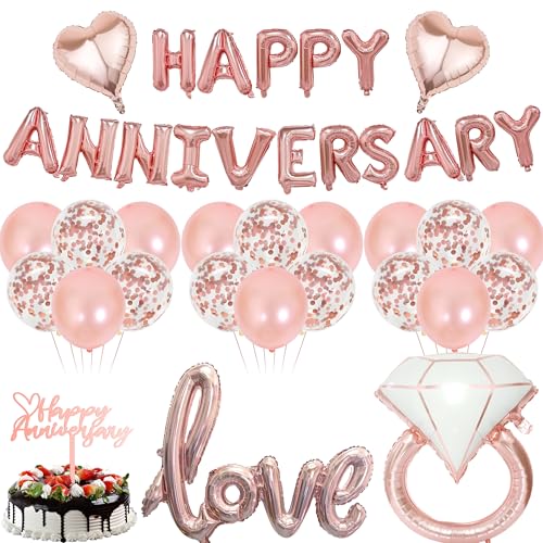 Happy Anniversary Hochzeit Party Dekorationen – 39 Stück Rose Gold Hochzeit inklusive Liebesbrief Ballon Ring Herz Folienballons Kuchen Topper für romantische Valentinstag Dekoration von SEWIRUY