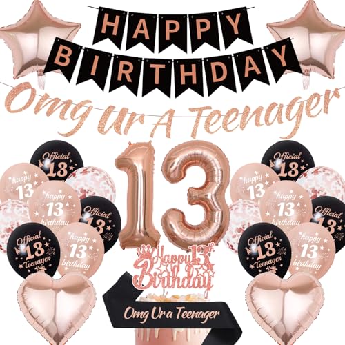 Luftballons zum 13. Geburtstag – 26 Stück Roségold Omg Ur A Teenager Buchstaben Banner Happy 13th Birthday Cake Topper Nummer 13 Folienballon Schwarze Schärpe für Mädchen Partyzubehör von SEWIRUY