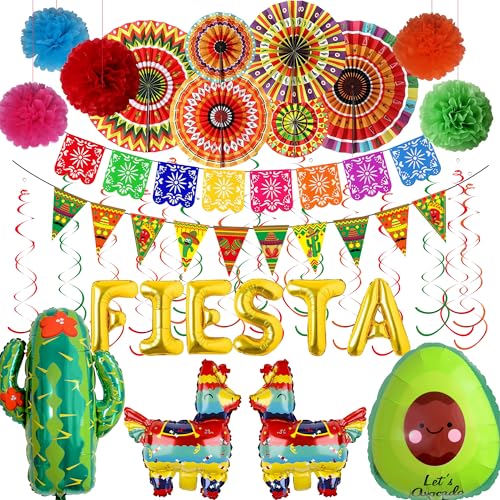 Mexikanische Fiesta-Party-Papierdekorationen – 32 Stück Cinco de Mayo Partyzubehör inklusive Krepppapier-Luftschlangen, mehrfarbige Fächer, Pompons, Blumen, Wimpelbanner für Tag der Toten Dekoration von SEWIRUY