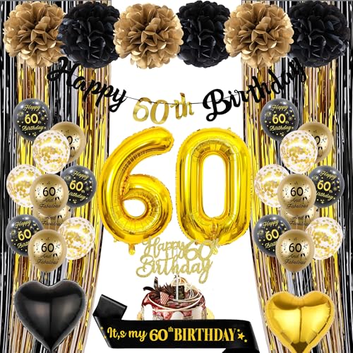 SEWIRUY Dekorationen zum 60. Geburtstag für Männer – 34 Stück Schwarz und Gold Party Dekoration inklusive Folien-Regenvorhang Nummer 60 Ballon Happy 60th Birthday Banner Kuchen Topper Konfetti von SEWIRUY