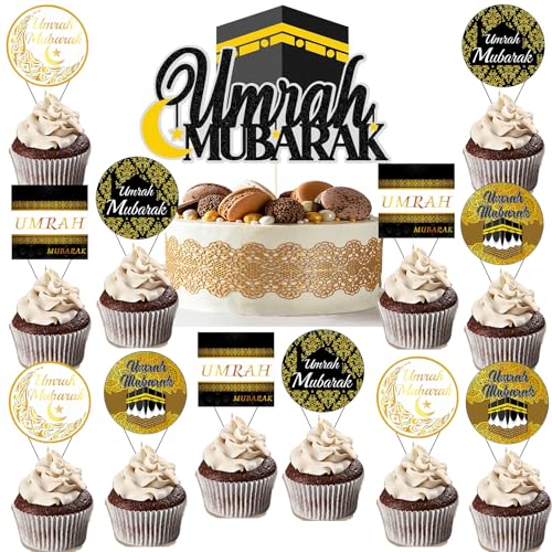 Umrah Mubarak Dekoration Ramadan Dekorationen – 13 Stück Eid Dekorationen einschließlich Umrah Mubarak Cupcake Toppers Cake Topper für Ramadan Mubarak Muslim Eid Party Supplies von SEWIRUY