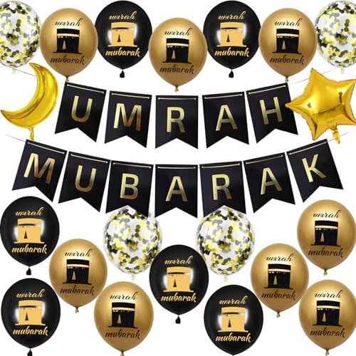 Umrah Mubarak Dekoration Ramadan Dekorationen – 21 Stück Schwarz Gold Umrah Mubarak Banner Mond Stern Ballon Latex Ballons für Ramadan Muslim Eid Umrah Mubarak Abschlussdekorationen von SEWIRUY