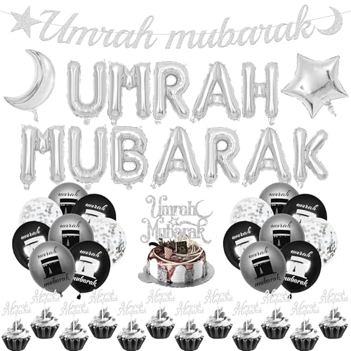 Umrah Mubarak Dekorationsset Silber – 33 Stück Umrah Mubarak Buchstaben Ballon Banner Konfetti Latex Ballons Cupcake Kuchen Topper für Ramadan Muslim Eid Umrah Mubarak Party Supplies von SEWIRUY