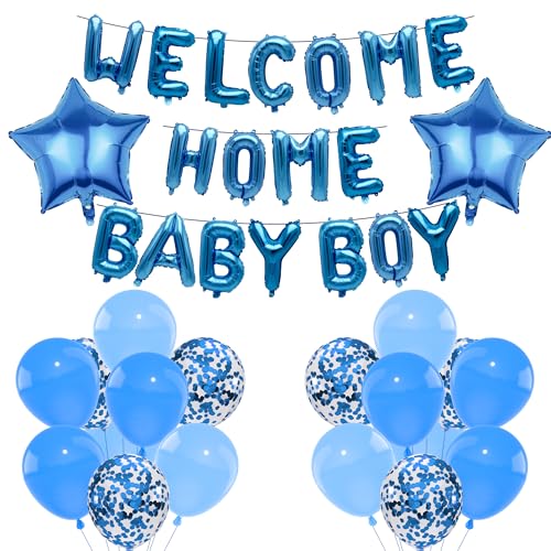 Welcome Home Dekorationen Baby Boy – 38 Stück Welcome Home Baby Boy Ballon-Set Blaue Buchstaben Pailletten Stern Ballons für Babyparty, Willkommensfeier von SEWIRUY