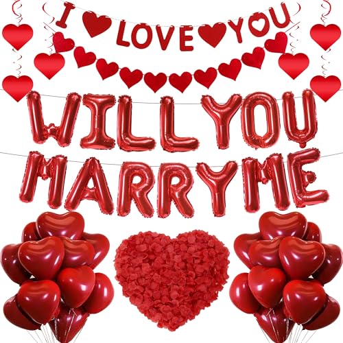 Will You Marry Me Dekorationen – 46 Stück Antragsdekoration I Love You Banner rote Herzballons Liebe Herz hängende 500 künstliche Rosenblätter für romantischen Valentinstag Supplies von SEWIRUY