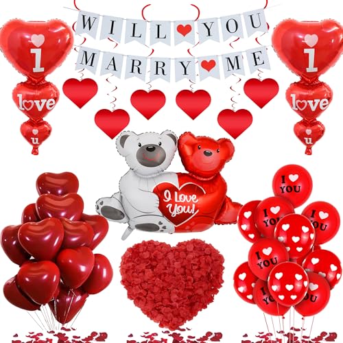 Will You Marry Me Dekorationen – 534 Stück Romantische Antragsdekoration inklusive Banner I Love You Bedruckter Folienballon Rote Herzballons Künstliche Rosenblätter für Valentinstag Supplies von SEWIRUY