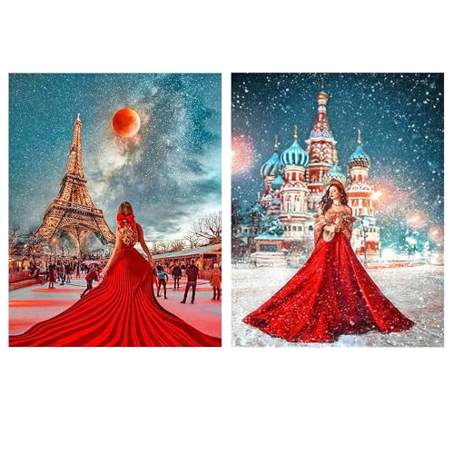 SFUSHOS 2 Pack Diamond Painting Eiffelturm paris 40x50 cm Diamond Painting Landschaft Moskau Diamond Painting Kreml Diamond Painting Frau Rote Rock Diamond Painting Landschaften Doppelpack von SFUSHOS