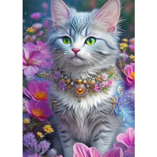 SFUSHOS Diamond Painting Katze Blumen 30x40 cm Malen nach Zahlen Katze 5D Diamant Painting Katze Perlenbilder Erwachsene Katze Kreuzstich mit Katze Crystal Art Craft Buddy Katze Stickbilder von SFUSHOS