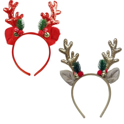 SGERUFZ 2 PcsWeihnachts Stirnband mit Weihnachtsbaum Geweih und Glöckchen Rentier Haarreif für Weihnachten und Halloween von SGERUFZ