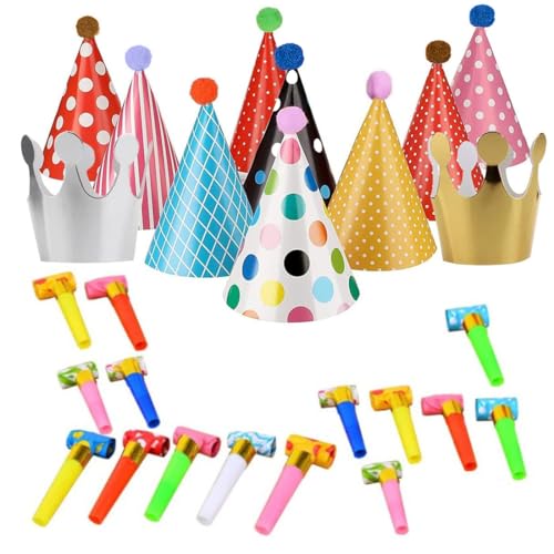 SGERUFZ 26 Pcs Geburtstag Hut Kit 9 Pcs Party Kegel Hüte 2 Pcs Papier Geburtstag Kronen 15 Pcs bunte Trillerpfeifen für Junge Mädchen Geburtstag Party SGERUFZ 26 Pcs Geburtstag Hut Kit 9 Pcs Party Kegel Hüte 2 Pcs Papier Geburtstag Kronen 15 Pcs bunte Trillerpfeifen für Junge Mädchen Geburtstag Party von SGERUFZ