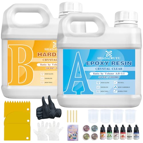 Epoxidharz Set 2000ml Transparent Epoxidharz mit Härter 1:1 Verhältnis,Keine Verfärbung,Keine Blasen,Epoxy Resin Einfach Bedienbares Harz für Kunst,Schmuckmacherei,Tischplatten und Formgestaltung von SHADAIWUYU