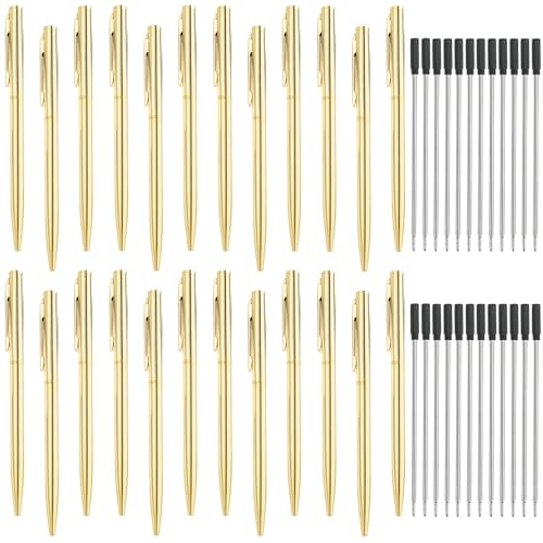 SHAIDOJIO 24Stück Metall Kugelschreiber, 1,0MM Schwarzer Kugelschreiber mit 24 Nachfüllungen, Drehung Schwarze Tinte Stift, Schlank Kugelschreiber für Business Hochzeit Büro(Gold) von SHAIDOJIO