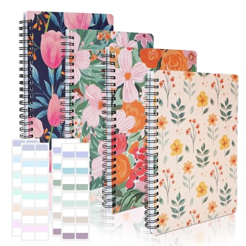 SHAIDOJIO 4 Stück Notizbuch A5, Spirale Notizbücher-21 * 14.5cm, 160 Seiten Hardcover A5 Notizblock mit 4 Blatt Book Tabs, Floral Kariert Abdeckung Spiralblock A5 Kariert für Memos Reisen Schue Büro von SHAIDOJIO