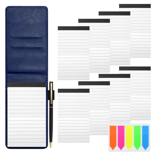 SHAIDOJIO Mini Notizblock A7 Set 11PCS, Notizblock Klein Halter mit 50 Linierten Blättern, PU Leder Notizblock Mini Notizbuch mit 8 Ersatz Notizblöcke Liniert, 1 Metall Stift und 1 Index Tag-Blau von SHAIDOJIO