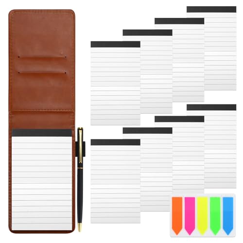 SHAIDOJIO Mini Notizblock A7 Set 11PCS, Notizblock Klein Halter mit 50 Linierten Blättern, PU Leder Notizblock Mini Notizbuch mit 8 Ersatz Notizblöcke Liniert, 1 Metall Stift und 1 Index Tag-Braun von SHAIDOJIO