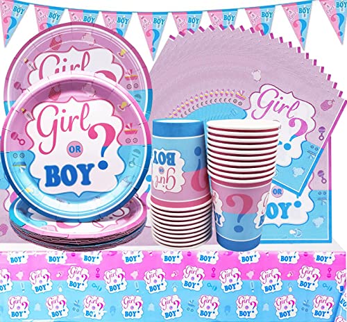 SHAMO Teiliges Baby Shower Deko Set, 62 Stück Blaues und Rosafarbenes Partgeschirr, Gender Revel Party Geschirr, Set Baby Shower Gender, Teller, Tassen, Servietten, für Babyparty Partybedarf von SHAMO