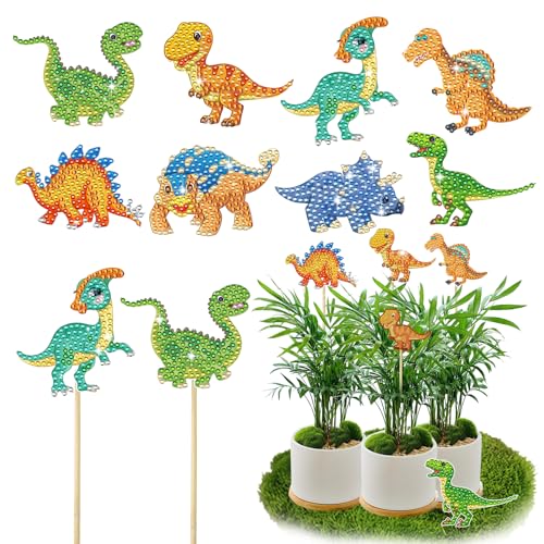 8 Stücke Dinosaurier Diamond Painting Sets, Cartoon Dinosaurier 5D Diamant Painting Kunst für Garten Dekor, Nette Dinosaurier Stakes Diamond Kunst Kits, Dinosaurier Diamond Painting Ornamente Zubehör von SHANFAA