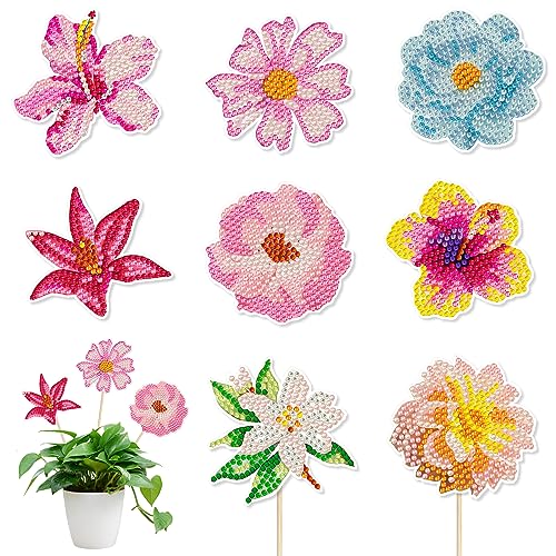 SHANFAA 8 Stück Blume Diamond Painting Sets,DIY 5D Diamond Painting Art für Garten Dekor, Blume Stakes Diamant Kunst Kits, Blume Diamant Painting Ornaments Zubehör von SHANFAA