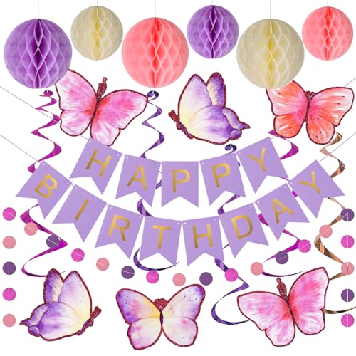 Schmetterlinge Geburtstagsdekorationen, lila Happy Birthday Banner mit Wabenball, Schmetterlinge hängende Wirbel Luftschlangen, Kreis Punkt Girlande Dekoration, Geburtstagsparty-Dekoration für Frauen von SHANFAA
