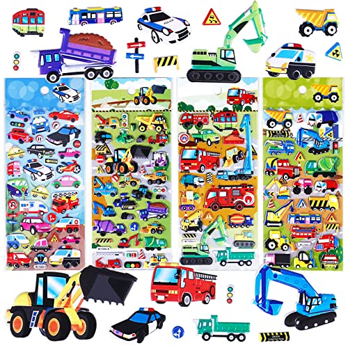 Auto Aufkleber für Kinder Jungen,3D Car Sticker Set for Kids,Fahrzeuge Einschließlich Traktor,Bagger,Baustellenfahrzeug, Feuerwehr,Polizeiauto,4 Blätter. von SHANGRLA