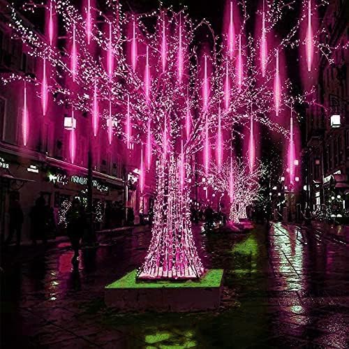 SHANJIA LED-Lichterkette für den Außenbereich, Regenlicht, Meteorlicht, 30 cm, 10 Röhren, Solar-Regenlicht, für Weihnachtsbaum, Hochzeit, Party, Weihnachten (Rosa, 30 cm) von SHANJIA