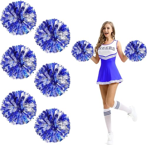 SHANKAM 6 Stück Pompoms Cheerleading, Cheerleader Pompons mit Finger Ring, Fluffy Cheer Poms, Cheerleading Puschel, Angemessen für Sportveranstaltungen, Feste, Partys und So Weiter (Blau+Silber) von SHANKAM