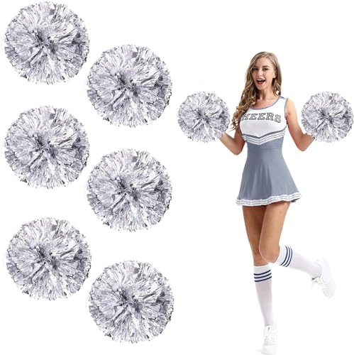 6 Stück Pompoms Cheerleading, Cheerleader Pompons mit Finger Ring, Fluffy Cheer Poms, Cheerleading Puschel, Angemessen für Sportveranstaltungen, Feste, Partys und So Weiter (Silber) von SHANKAM