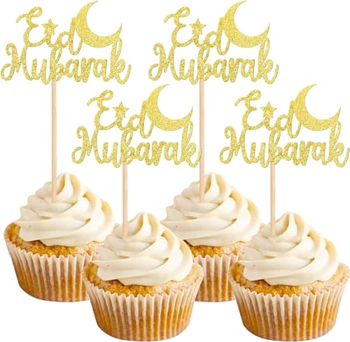 Cupcake Toppers Eid Mubarak,24 Stück Ramadan Kareem Kuchendekoration,Umrah Mubarak Cupcake Dekoration,Eid Mubarak Glitzer Topper,Stern und Mond Muffin Deko（B） von SHANKAM