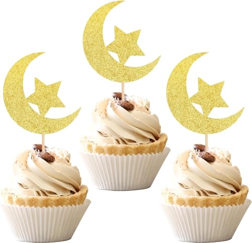 Cupcake Toppers Eid Mubarak,24 Stück Ramadan Kareem Kuchendekoration,Umrah Mubarak Cupcake Dekoration,Eid Mubarak Glitzer Topper,Stern und Mond Muffin Deko（C） von SHANKAM