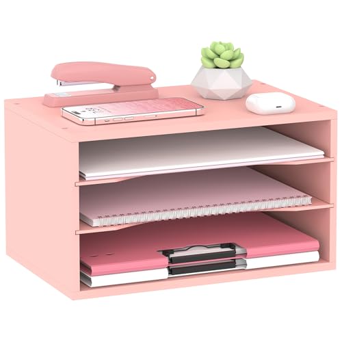 SHARKWOODS 3-stöckiger Papier-Organizer für den Schreibtisch, Schreibtisch-Organizer aus Holz mit verstellbarer Briefablage, Briefsortierer für Büro, Schule und Zuhause, Rosa von SHARKWOODS