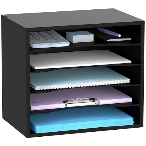 SHARKWOODS 5-stöckiger Papier-Organizer für den Schreibtisch, Schreibtisch-Organizer aus Holz mit verstellbarer Briefablage, Postsortierer für Büro, Schule und Zuhause, Schwarz von SHARKWOODS