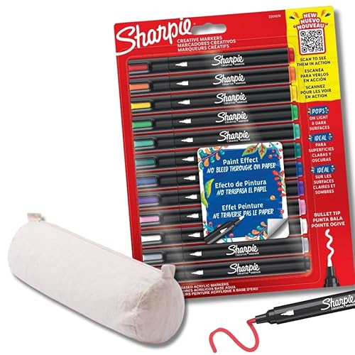 SHARPIE Creative Marker Acryl-Farbstifte | Rundspitze | 12 Stück + Federmäppchen aus Baumwolle zur Personalisierung von SHARPIE