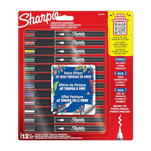 SHARPIE Creative Marker Acryl-Farbstifte | Wasserbasierte Farbmarker mit Pinselspitze | Schulsachen | Verschiedene Farben | 12 Stück von SHARPIE