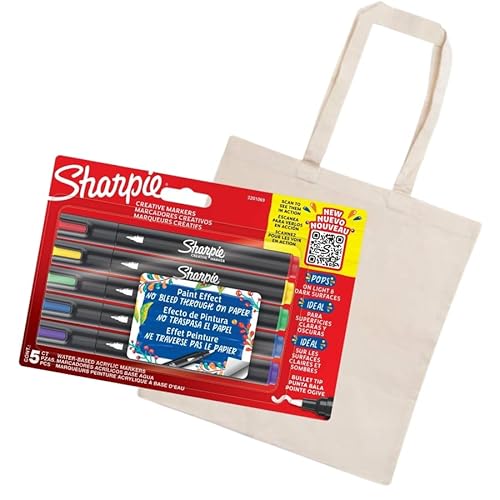 SHARPIE Creative Marker Acryl-Farbstifte | Wasserbasierte Farbmarker mit Rundspitze | Schulsachen | 5 Stück + Baumwolltasche von SHARPIE