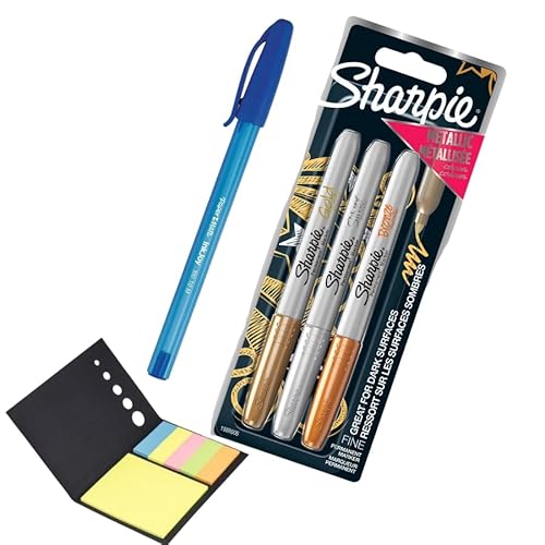 SHARPIE Metallic-Permanentmarker, feine Spitze, 3 Marker Stifte & Haftnotizen & PaperMate Stift Geschenk von SHARPIE