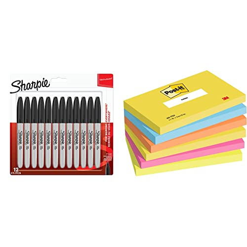 SHARPIE Permanent Marker | Marker Stifte mit feiner Spitze | schwarz | 12 Stück Market Set & Post-it Notes Active Collection, 76 x 127 mm, 6 Blöcke à 100 Blatt von SHARPIE