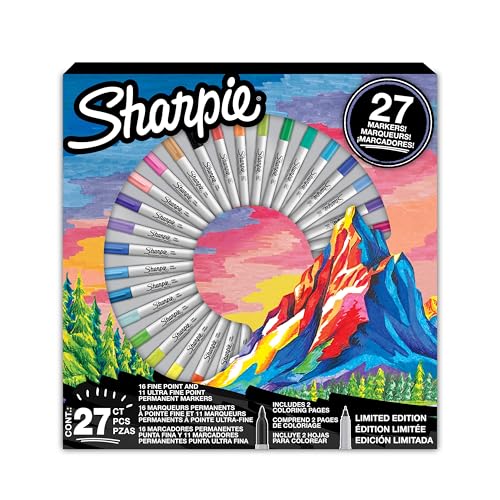 SHARPIE Permanente Marker Geschenkset | Feine & Ultrafeine Spitze Malstifte | Verschiedene Farben | Enthält 2 Malvorlagen | 27 Marker von SHARPIE