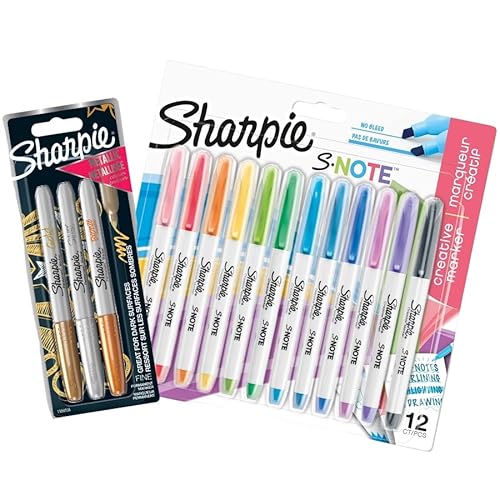 SHARPIE S-Note Kreative Markerstifte | 2-in-1 Keilspitze (Breit & Fein) | 12 Stück & 3 Metallic Marker Stifte von SHARPIE