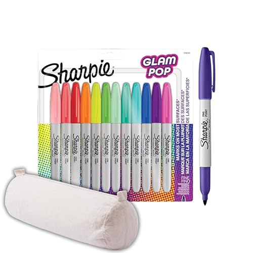 Sharpie Glam Pop Permanentmarker, feine Spitze für kräftige Details, verschiedene lebendige Farben, 12 Marker + Baumwolletui von SHARPIE