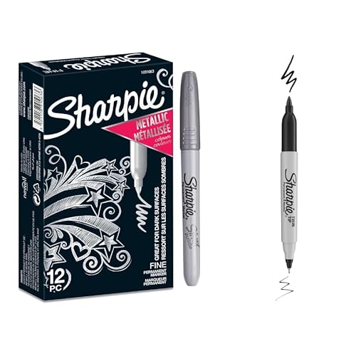 Sharpie Metallic Permanentmarker | Silber | Feine Spitze | 12 Stück + 1 Doppelspitze Schwarz von SHARPIE