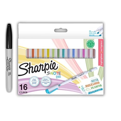 Sharpie S-Note Duo Textmarker|Dual Tip| Pastellfarbene Kreativmarker | Rund- und Keilspitze zum Hervorheben, Zeichnen, Aufzeichnen und mehr | 16 Stück + 1 Stück Permanentmarker mit feiner Spitze in S von SHARPIE