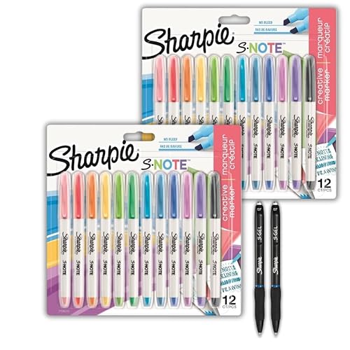 Sharpie S-Note Textmarker | Teils Art Marker Pen, teils Textmarker zum Zeichnen, Schreiben und mehr | Meißelspitze | 12 Stück + 2 S-Gelstifte mit blauer Tinte von SHARPIE